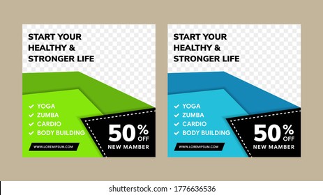 Stylish graphics templates for posts. dynamic abstractions for typography or photo space. Abstract geometric with blue and green, fitness subjects gym. design frame for posts on social media