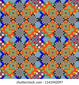 Stylish gray, blue and orange texture. Vector abstract geometric background. Seamless pattern with rhombus and polygons forming abstract wallpaper.
