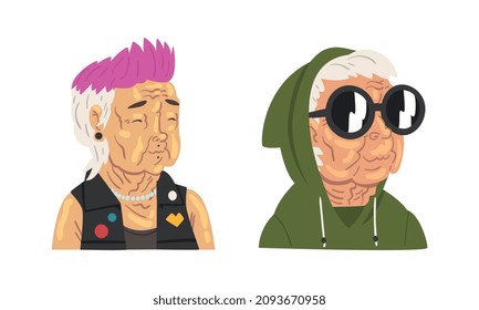 Stylish Gray Haired Senior Man Hipster Wearing Glasses Vector Set