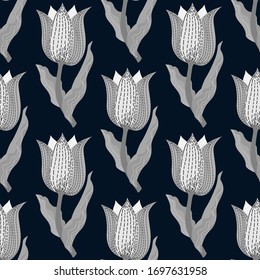 Estiloso tulipano gris vectorial sin fisuras para decoración, envoltura, textil.