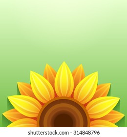 Stylish green background with stylized 3d sunflower, place for text. Floral backdrop with yellow, orange summer flower. Bright green trendy wallpaper. Greeting, invitation card. Vector illustration
