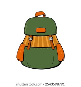 Stylish Green Backpack Featuring Vibrant Orange Accents, Perfect for Outdoor Adventures. Vector sketch illustration. tourism