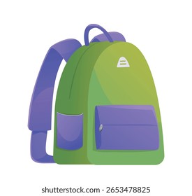 Mochila verde elegante com alças roxas e bolsos, estilo gráfico moderno em fundo branco. Conceito de equipamento escolar, viagens e o essencial do aluno. Ilustração vetorial