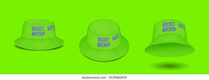 Stylish green bucket hats with design mockup realistic vector illustration set. Trendy caps for summer season 3d models on color background