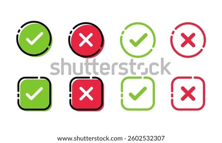 Stylish green check mark and red cross mark icon
