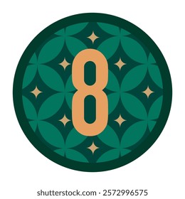 Stylish Green Circle with Gold Floral Patterns and a Central Number 8 for Decorative or Branding Applications