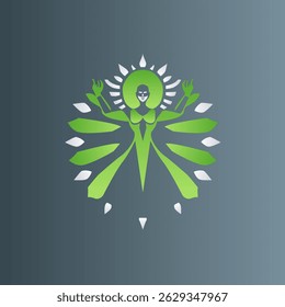 Design de logotipo de deusa verde elegante com folhas e sunburst. Perfeito para marcas de beleza, bem-estar ou natureza.