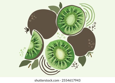 Stylish green kiwi fruit vector flat minimalistic isolated illustration. Fruit illustration for fabric or wallpaper design. half and cut slice kiwi illustration isolated on white background