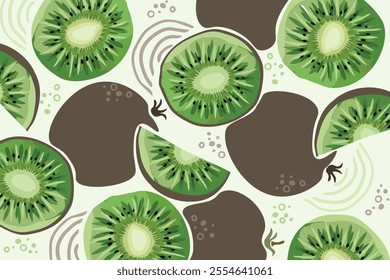 Stylish green kiwi fruit vector flat minimalistic isolated illustration. Fruit illustration for fabric or wallpaper design. half and cut slice kiwi illustration isolated on white background