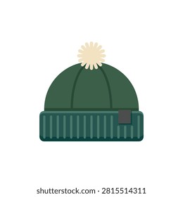 A stylish green knit beanie cap with a soft cream colored pompom featuring a simple flat design isolated on a white background