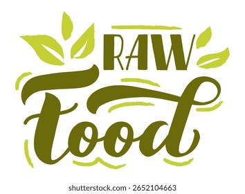 Elegante logotipo verde da inscrição do alimento cru promovendo uma dieta saudável, não cozida, adornada com folhas, transmitindo uma sensação de frescura natural e destacando ingredientes vibrantes e saudáveis