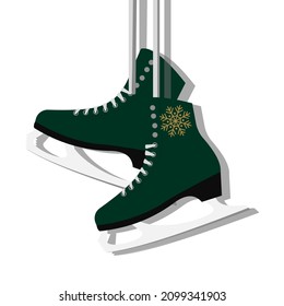 Stylish green skates hang on laces and give shade with snowflake isolated on white background. Print for winter Christmas cards. Vector.