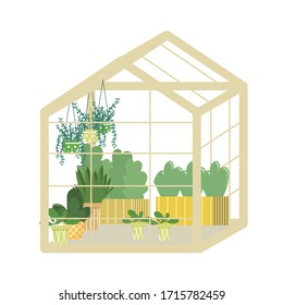 Stylish greenhouse with plants in pots isolated on white background stock vector illustration. Gardening, agriculture, homegrown concept. In trend modern colors svg
