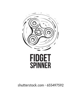 Stylish greeting card with black circle fidget spinner. Vector hand drawn fashion illustration on white background in watercolor style