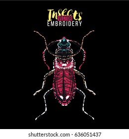 Stylish greeting card with brown bug. Embroidery and rhinestones fashion crystal patch with insects illustration. Isolated on black background.