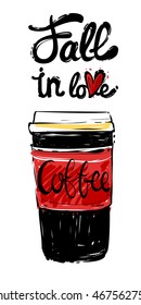 Stylish greeting card with coffee cup and fall in love lettering. Sketch for decoration seasonal celebration, greeting card or banner. Hand drawn symbols on white backdrop.