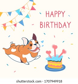 Stylish greeting card with a cute  bulldog. Lettering Happy Birthday. Garlands, holiday cake with candles in the form of bone.  