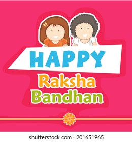 Stylish greeting card design for Happy Raksha Bandhan celebrations with happy cute little brother and sister on pink background.