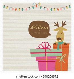 Elegante diseño de tarjetas de felicitación con reno sonriente y regalos coloridos para Feliz Navidad y Feliz Fiesta.