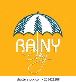Stylish greeting card design with umbrella on yellow background for rainy day. 