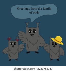 Stylish greeting card with a family of owls. A set with owls with red bows and a yellow panama hat on a blue background.