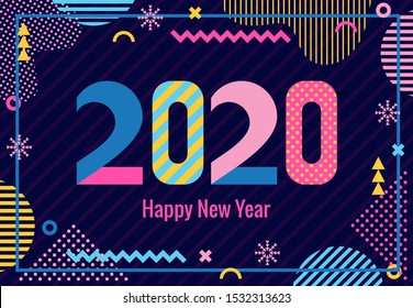 Stylish greeting card. Happy New Year 2020. Trendy geometric font in memphis style of 80s-90s. Digits and abstract geometric shapes on striped dark blue background