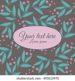 Stylish greeting card with leaves and berries on brown background