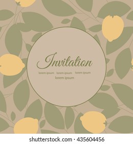 Stylish greeting card with leaves and lemons on ivory background