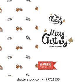 Stylish greeting card for new year or christmas, inspired by xmas symbolism. Seamless pattern with stylized holiday symbol on one side, on another inscription: merry christmas. Vector template