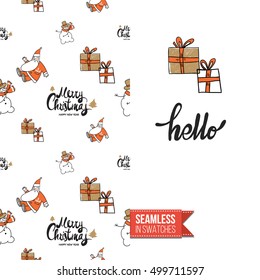 Stylish greeting card for new year or christmas, inspired by xmas symbolism. Seamless pattern with stylized holiday symbol on one side, on another inscription: hello. Vector template