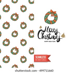 Stylish greeting card for new year or christmas, inspired by xmas symbolism. Seamless pattern with stylized holiday symbol on one side, on another inscription: merry christmas. Vector template