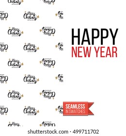 Stylish greeting card for new year or christmas, inspired by xmas symbolism. Seamless pattern with stylized holiday symbol on one side, on another inscription: happy new year. Vector template