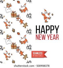 Stylish greeting card for new year or christmas, inspired by xmas symbolism. Seamless pattern with stylized holiday symbol on one side, on another inscription: happy new year. Vector template
