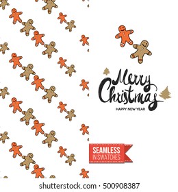 Stylish greeting card for new year or christmas, inspired by xmas symbolism. Seamless pattern with stylized holiday symbol on one side, on another inscription: merry christmas. Vector template