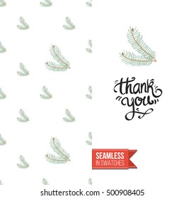 Stylish greeting card for new year or christmas, inspired by xmas symbolism. Seamless pattern with stylized holiday symbol on one side, on another inscription: thank you. Vector template