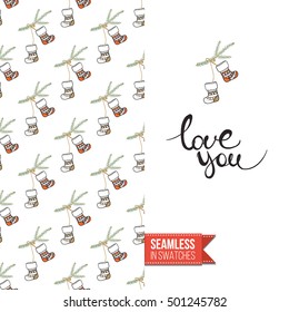 Stylish greeting card for new year or christmas, inspired by xmas symbolism. Seamless pattern with stylized holiday symbol on one side, on another inscription: love you. Vector template