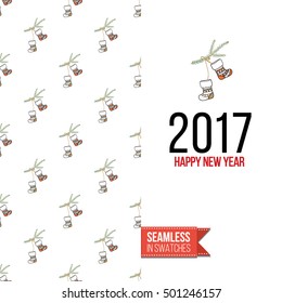 Stylish greeting card for new year or christmas, inspired by xmas symbolism. Seamless pattern with stylized holiday symbol on one side, on another inscription: happy new 2017 year. Vector template