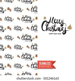 Stylish greeting card for new year or christmas, inspired by xmas symbolism. Seamless pattern with stylized holiday symbol on one side, on another inscription: merry christmas. Vector template