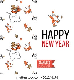 Stylish greeting card for new year or christmas, inspired by xmas symbolism. Seamless pattern with stylized holiday symbol on one side, on another inscription: happy new year. Vector template