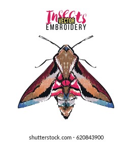 Stylish greeting card with night butterfly. Embroidery fashion patch with insects illustration. Trendy traditional art on white background.