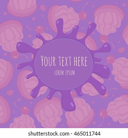 Stylish greeting card with purple blotch and cakes on lilac background