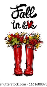 Stylish greeting card with red hunter boots and leaves and fall in love lettering. Sketch for decoration seasonal celebration, greeting card or banner. Hand drawn symbols on white backdrop.