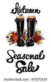 Stylish greeting card with seasonal sale lettering and autumn rubber boots with leaves. Sketch for decoration seasonal celebration, greeting card or banner. Hand drawn symbols on white backdrop.