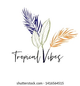 Stylish greeting card with tropical vibes text and banana palm leaves bouquet. Tropic outline floral illustrations. Tropical collection. Sketch in watercolor style. Hand drawn line on white background