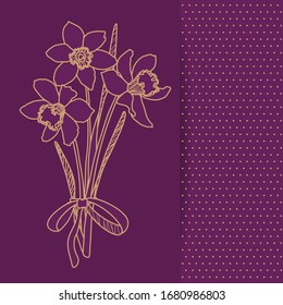 Stylish greeting card Vector daffodils spring flowers bouquet of 3 flowers with a gold outline on a burgundy background with shadow and gold polka dots