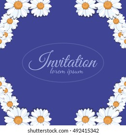 Stylish greeting card with white chamomiles on blue background