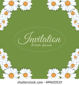 Stylish greeting card with white chamomiles on green background