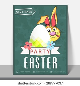 Stylish greeting or invitation card with illustration of cute bunny and shiny egg  for Easter Party celebration.