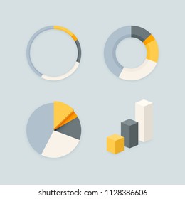 Stylish grey infographics stats chart diagram vector set. Ring, pie, donut and column graph blank infographics material flat design element templates for web and mobile apps