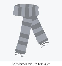 Stylish grey knitted winter scarf with horizontal stripes and fringed ends on white background